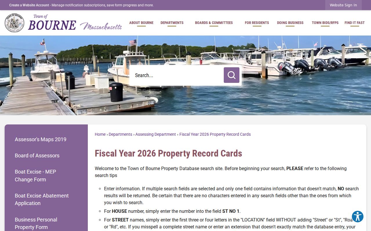 Bourne street directory property card search instructions
