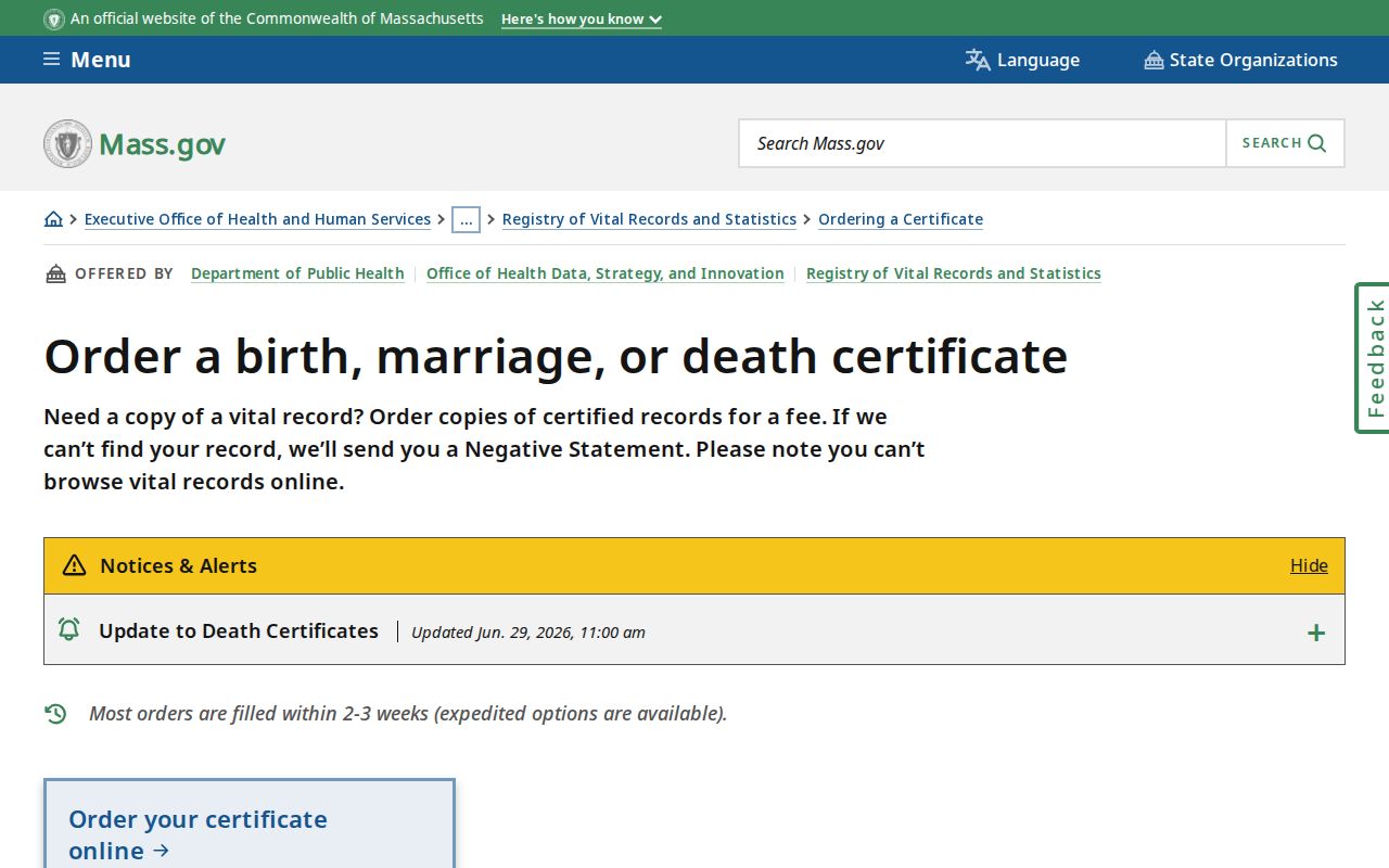 Bourne resident lookup Massachusetts vital records order options